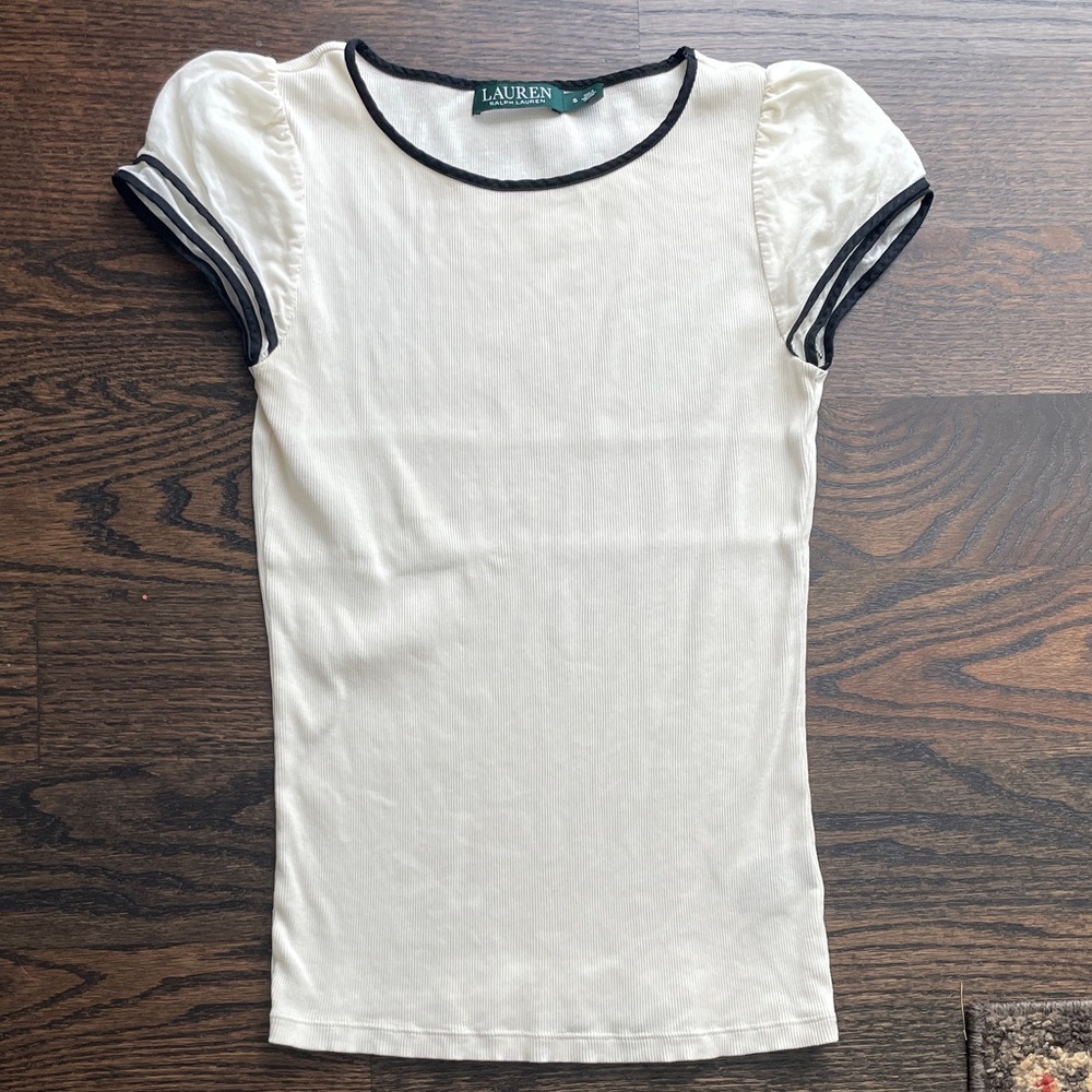Lauren White Puff Sleeve Top with Black Trim